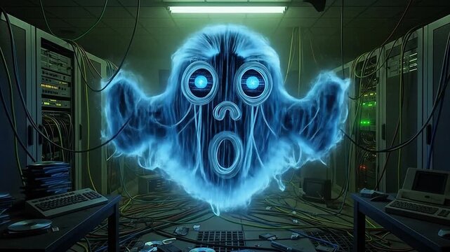 Digital Spectre Entity Manifestation in Retro Server Room Cyberpunk Horror AI Threat Concept Art Big Data Center Network Security Nightmare