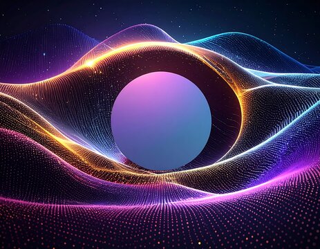 Colorful abstract dotted waves with a purple-blue circle floating in the center against a starry, dark background