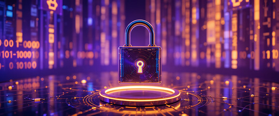 Purple gradient cyber defense background with luminous encrypted binary circuits, 3D floating lock, soft chrome reflections, secure network nodes connected by fiber-optic light trails, gold shining ne
