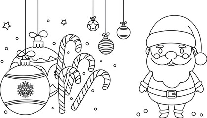 Cute Santa Claus and Christmas Elements Line Art Vector Illustration