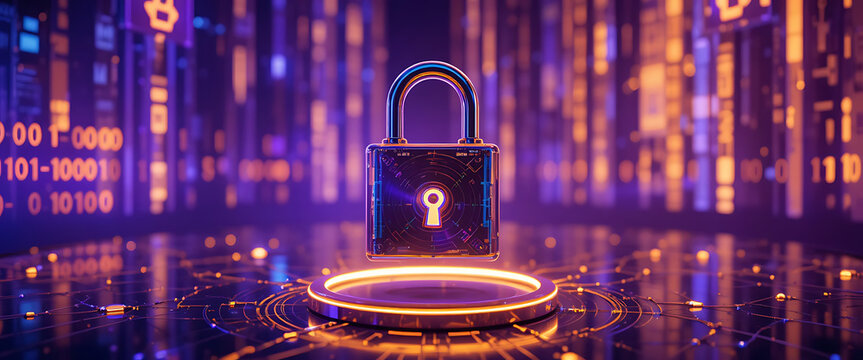 Purple gradient cyber defense background with luminous encrypted binary circuits, 3D floating lock, soft chrome reflections, secure network nodes connected by fiber-optic light trails, gold shining ne