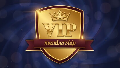 Golden vip membership badge with crown and ribbon on dark blue background