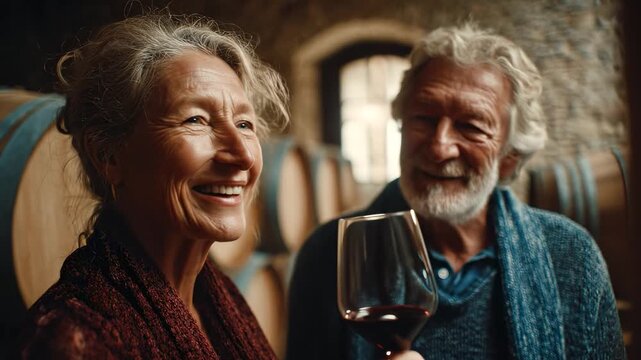 Senior couple tasting wine in cellar. Elderly pair enjoying winery tour together indoors. Mature retirees holding glasses examining red wine. Active citizens exploring vineyard basement carefully.