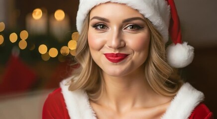 Playful woman in Santa hat making a shush gesture with festive Christmas lights in background