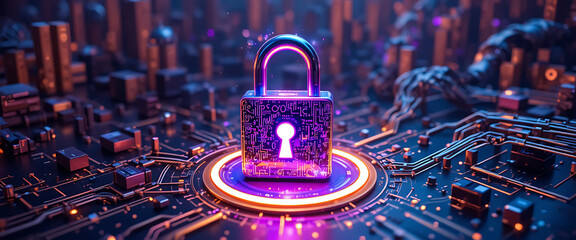 Abstract cyber-security gold metallic glowing circuit background with glowing purple and golden neon 4d standing lock icon with neon glowing blue, purple, and gold light ring under the lock, shimmerin