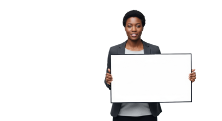 Diverse professional in blazer, holding blank white board, light grey studio background, soft lighting, copy space, concept of business communication and new ideas