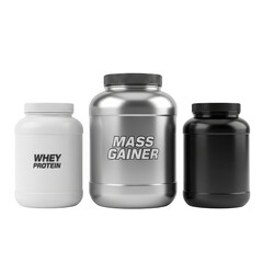 Three supplement containers for fitness and bodybuilding
