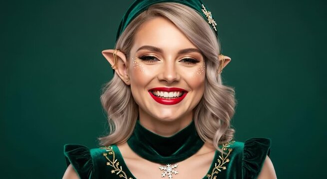 Elegant Christmas elf woman making quiet gesture in festive costume