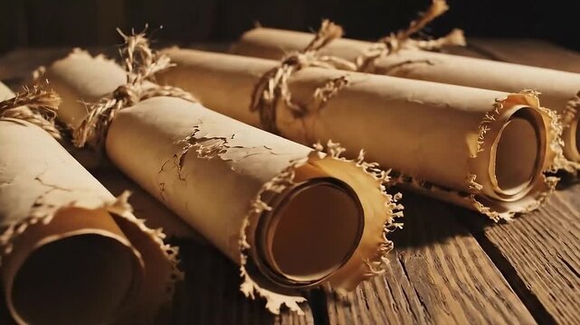 Ancient historical scrolls tied on rustic wooden table background