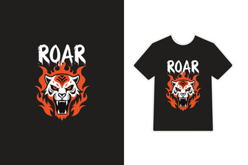 Angry Tiger Head Roaring with Fire T-Shirt Design. Tiger Face Roar T-Shirt Vector Illustration