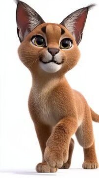 Adorable 3D Rendered Caracal Kitten with Expressive Eyes and Playful Demeanor on White Background.