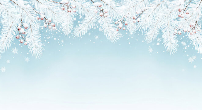 Image of snowy branch with red berry against blue gradient, representing winter holiday season, festive mood, and seasonal background, free space