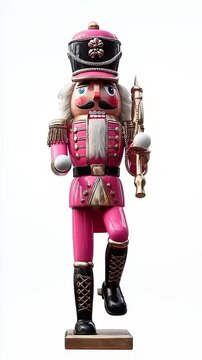 Pink Nutcracker Soldier Figurine Isolated on White Background.