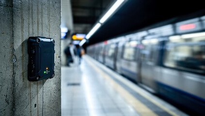 Dark 5G router attached to concrete column at train platform with fast-moving subway in motion. Represents modern communication technology and the future of transportation connectivity.