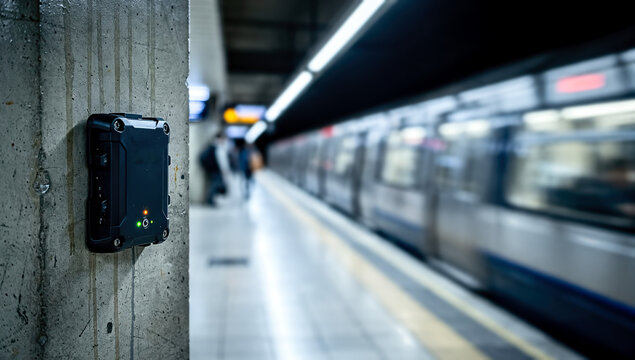 Dark 5G router attached to concrete column at train platform with fast-moving subway in motion. Represents modern communication technology and the future of transportation connectivity.