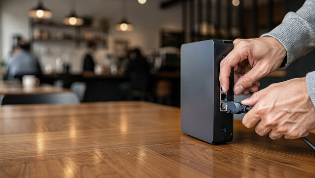 Person connecting cable to black router on wooden table in modern café environment, illustrating themes of connectivity and technology in a business setting.