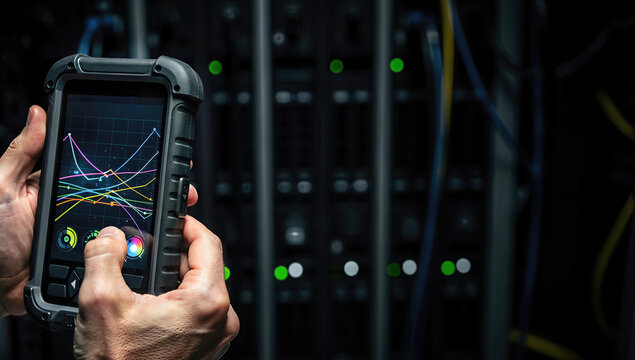 Technician analyzing data on rugged mobile device while monitoring server racks in a dark environment, relevant to advancements in communication technology and data transmission.