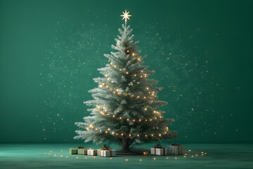 Christmas Tree Illustration – Warm White Lights, Star Topper & Gold-Green Wrapped Gifts on Green Background 