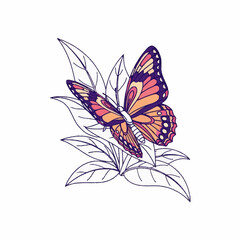 Vibrant Butterfly Perched on Delicate Leafy Branch Illustration.