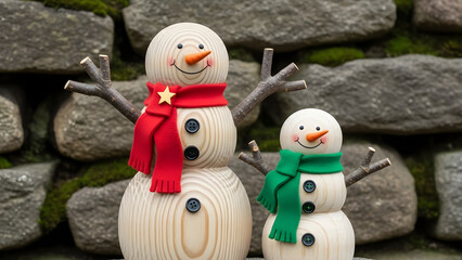 Handcrafted Wooden Snowman Decoration Illustration – Rustic Holiday Scene with Scarves, Buttons & Mossy Stone Wall 