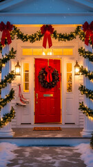 Festive Front Porch Christmas Illustration – Red Door, Pinecone Wreath, Garland Columns & Snowy Welcome Mat. 