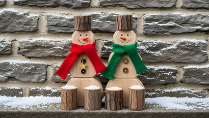 Rustic Wooden Snowman Decoration Illustration – Bark Hats, Scarves & Snowy Brick Wall Holiday Scene 