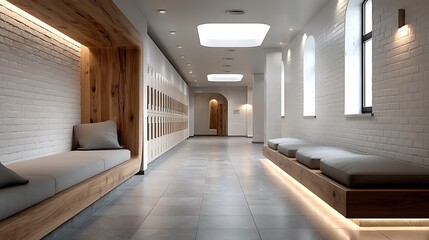 Luxurious spa corridor with polished flooring and soft lighting high resolution image