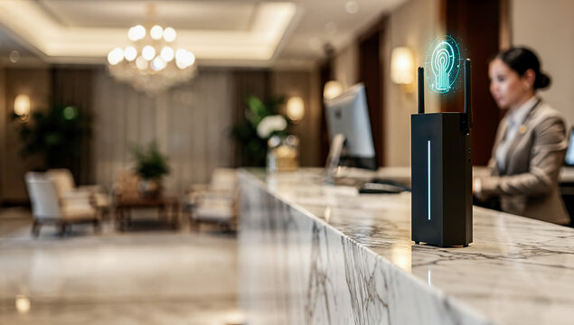 Black router holographic icon displayed on marble counter in hotel reception area, concept of advanced communication technology and hospitality services.