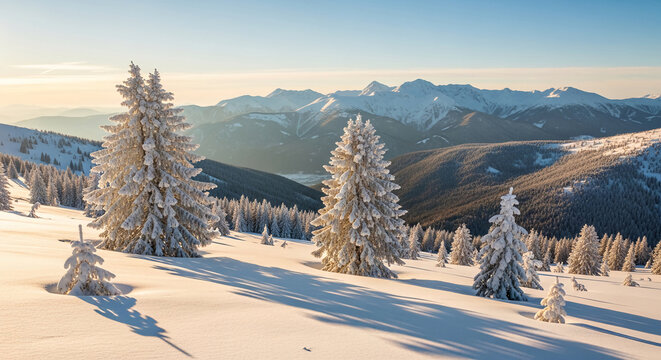 Scenic view of snow-covered fir trees in a mountain range under clear sky, representing winter wonderland, pristine nature and winter holidays