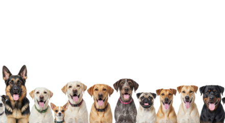 Eleven diverse dogs, joyful, looking at camera with tongues visible in bright studio with transparent background, copy space. Harmonious pet companionship concept