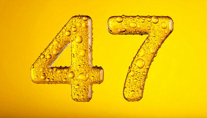 Abstract futuristic number 47 in glossy 3D style, covered with water droplets, yellow background.