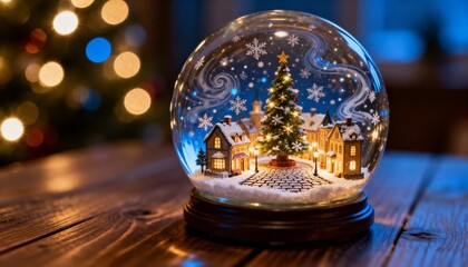 Magical glass snow globe with glowing Victorian village and Christmas tree macro shot with bokeh lights