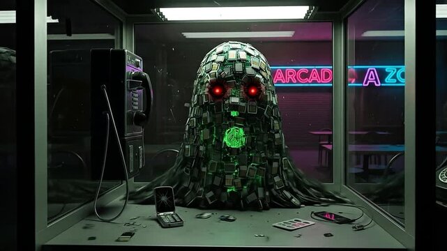 Cyberpunk Data Monster Made Of Microchips In Vintage Payphone Booth Digital Horror Creature Artificial Intelligence Retro Arcade Zone