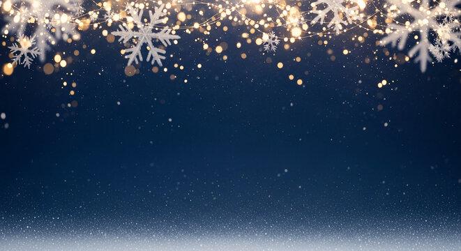 Elegant festive background with string lights and blurred snowflakes on a dark blue backdrop, suggesting celebration, holiday season, winter wonderland magic - Powered by Adobe