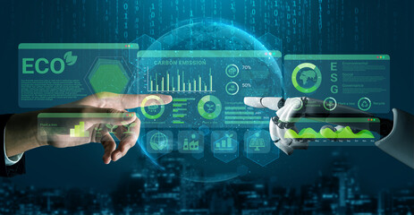 AI analyzing ESG and sustainability metrics for businesses, visualizing carbon reduction goals and...