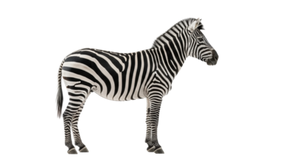 A majestic adult zebra, full-body in profile with sharp black and white stripes, stands poised on a softly lit neutral studio background with extensive copy space, concept of distinct identity