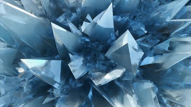 Abstract close-up of multifaceted ice crystals forming a sparkling geometric pattern