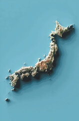 Japan 3d relief map, highly detailed topographic rendering of the island nation's geography on a clear blue background. isolated on white background, illustration