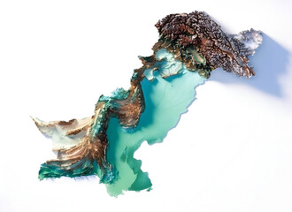 Vivid 3d topographic relief map of pakistan highlighting diverse geographical features and elevations rendered in high detail isolated on white background, illustration