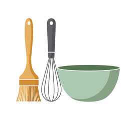 Kitchen utensils including a pastry brush, whisk, and mixing bowl are neatly arranged.