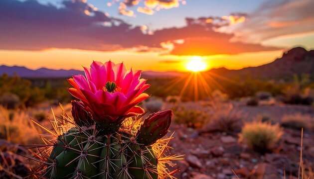 Desert sunset highlighting a blooming cactus, radiating warmth and vibrant colors across the landscape - Powered by Adobe