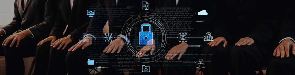 A group of business professionals in suits sitting in a row, featuring digital elements symbolizing data protection and cybersecurity concepts within an office environment. Trope