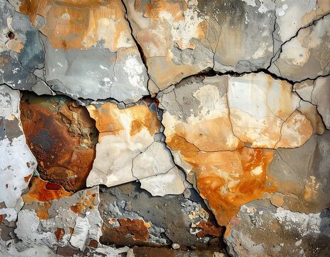 Crumbling plaster reveals a weathered wall with cracks and rust-colored patches showing beneath the peeling gray layer