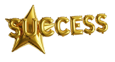Fototapeta premium Golden foil balloons spelling 'SUCCESS' with a polished metallic sheen, isolated on a pristine transparent background, soft studio lighting, achievement celebration concept
