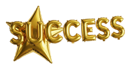 Golden foil balloons spelling 'SUCCESS' with a polished metallic sheen, isolated on a pristine transparent background, soft studio lighting, achievement celebration concept