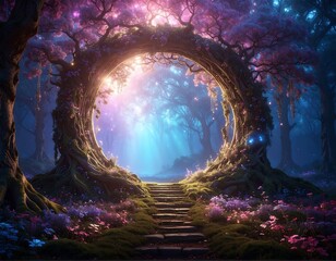 Dreamy forest archway, illuminated by ethereal light, with stone steps leading through, surrounded by vibrant flowers