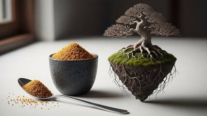A small intricately detailed bonsai tree with exposed roots floating above a mossy island next to a dark cup filled with granular material and a spoon