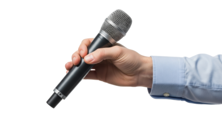 Human hand in corporate blue shirt sleeve, holding a black and silver microphone forward on white background, concept of professional communication
