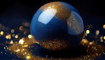 Celestial Sphere A Captivating Close Up Unveils A Textured Blue Sphere Against A Black Backdrop Sparkling Golden Accents Are Scattered Creating A Visually Rich Dynamic And Inviting Image