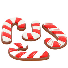 3d render candy cane cookies set with transparent background